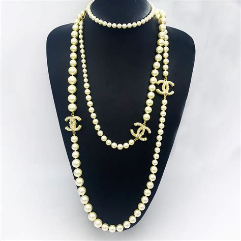 fake chanel crystals chain necklace|chanel knockoff pearl necklace.